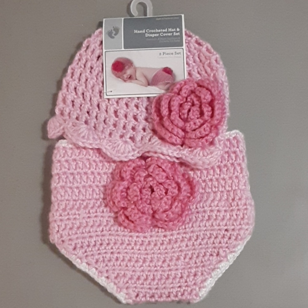 Hand crocheted hat and diaper cover set
